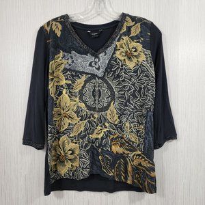 Desigual jeweled detail 3/4 sleeve floral print shirt Idaho blouse size Large